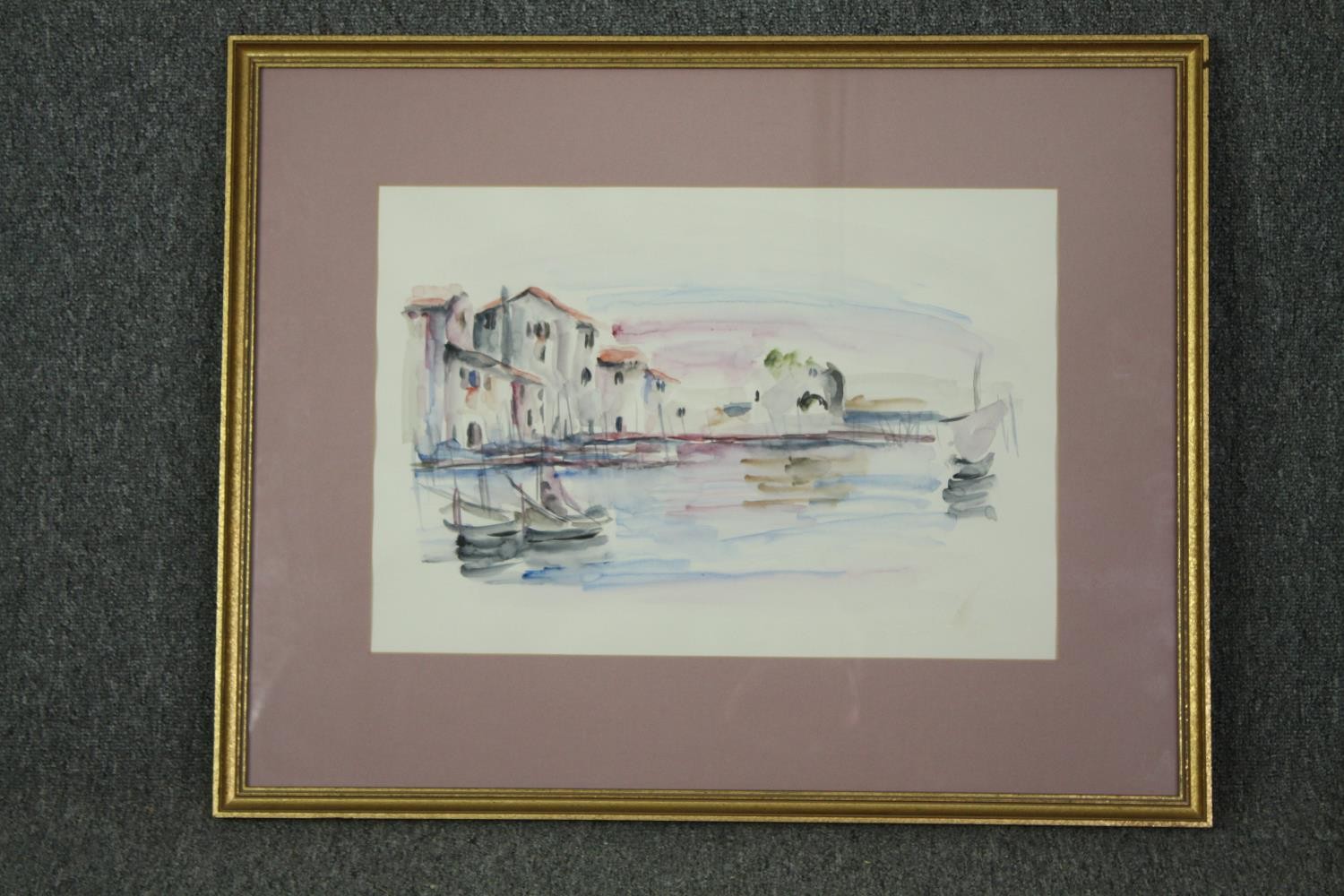 Watercolour, Mediterranean harbour town, framed and glazed, unsigned. H.63 W.79cm. - Image 2 of 3