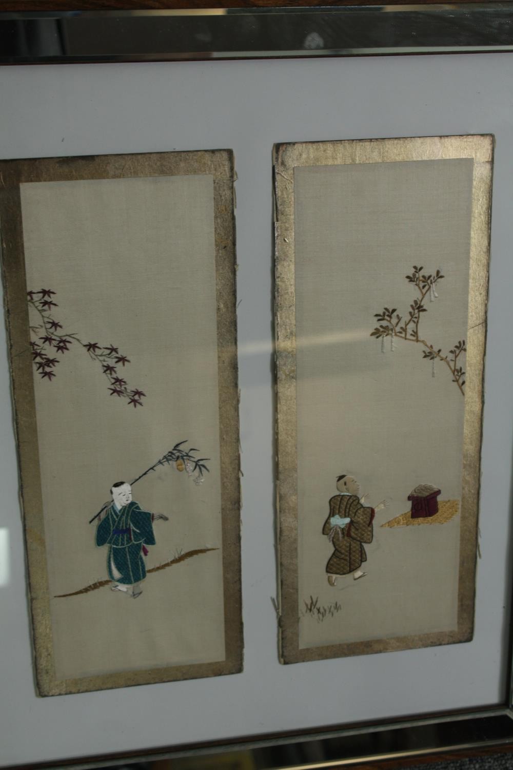 A set of eleven early 20th century Japanese silk embroidery panels depicting figures with gilded - Image 6 of 9