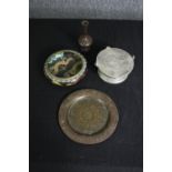 A collection of metal ware, a french 19th century pewter lidded vessel with spout, a Japanese