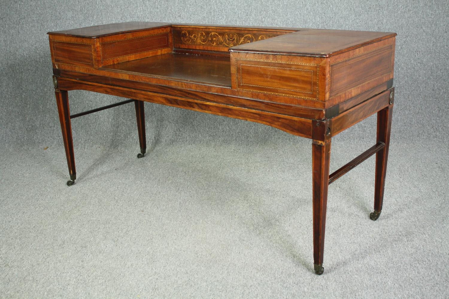 A Georgian mahogany and inlaid writing table, converted from a spinet. H.85 W.160 D.58cm. - Image 3 of 8