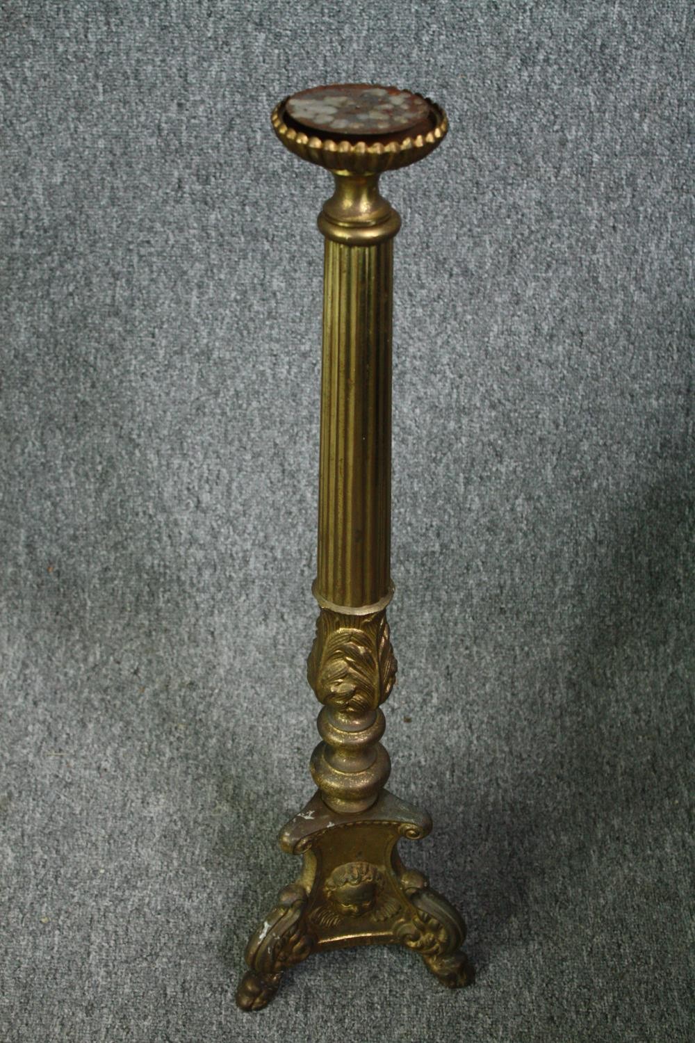 A brass ecclesiastic style candlestick along with two metal pots and a tray. H.71cm. (largest). - Image 10 of 12