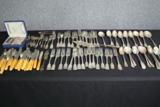 An extensive collection of mixed silver plated cutlery. L.32cm. (largest).