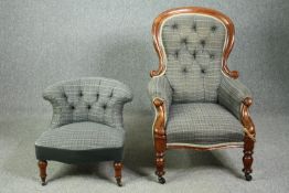 A Victorian mahogany framed armchair and bedroom chair in matching upholstery. H.104cm. (largest)