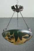 Pendant light shade fitting, glass and bronze, signed Daum, Nancy. H.55 Dia.40cm.