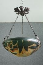 Pendant light shade fitting, glass and bronze, signed Daum, Nancy. H.55 Dia.40cm.