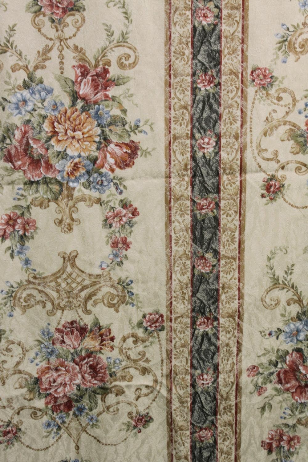 A pair of fully lined silk mix curtains with floral design along with tie backs. L.224 W.257cm. ( - Image 2 of 5