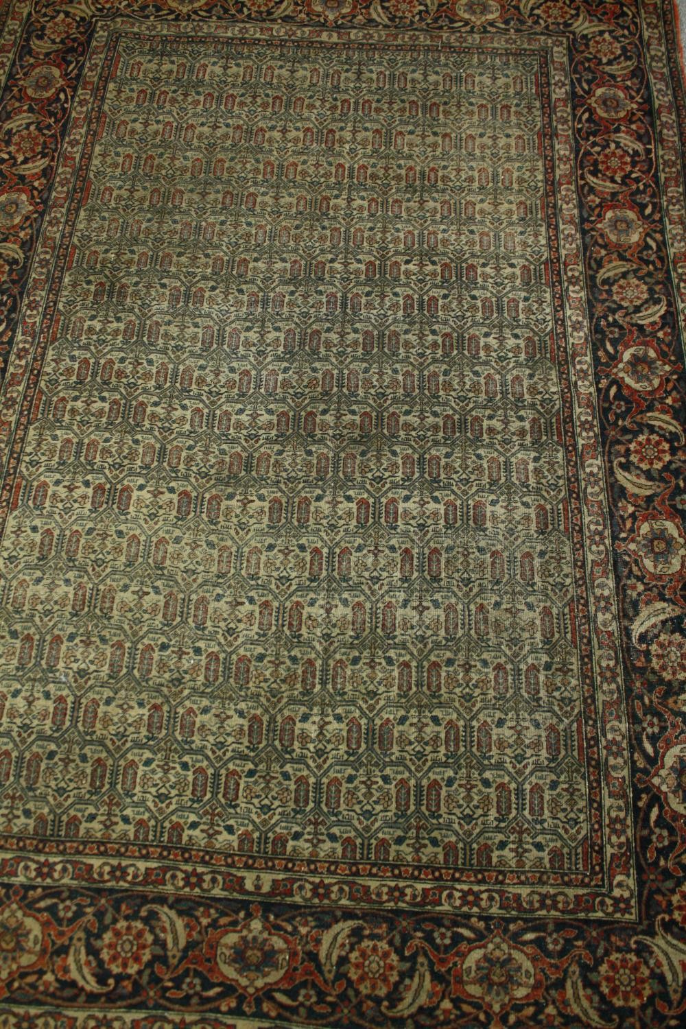 A Kashan carpet with repeating boteh motifs across the field within broad naturalistic foliate - Image 2 of 5