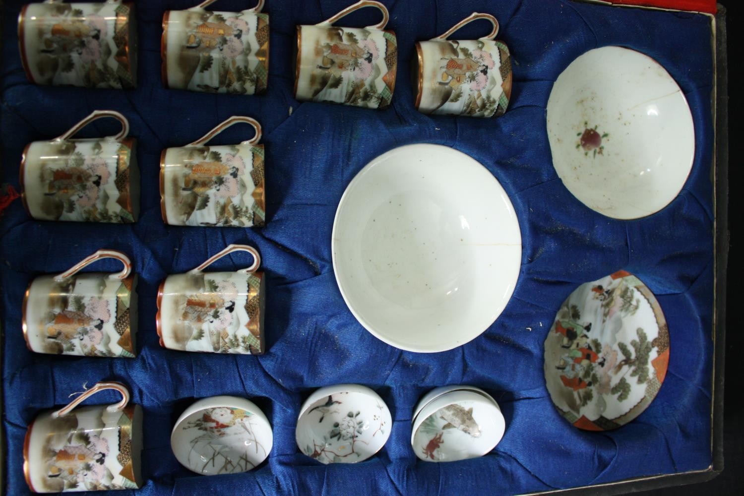 A cased part set of Japanese 19th century egg shell porcelain, including nine coffee cups with - Image 3 of 9