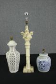 Three table lamps, two Chinese and one alabaster. H.70cm. (largest).