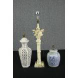 Three table lamps, two Chinese and one alabaster. H.70cm. (largest).