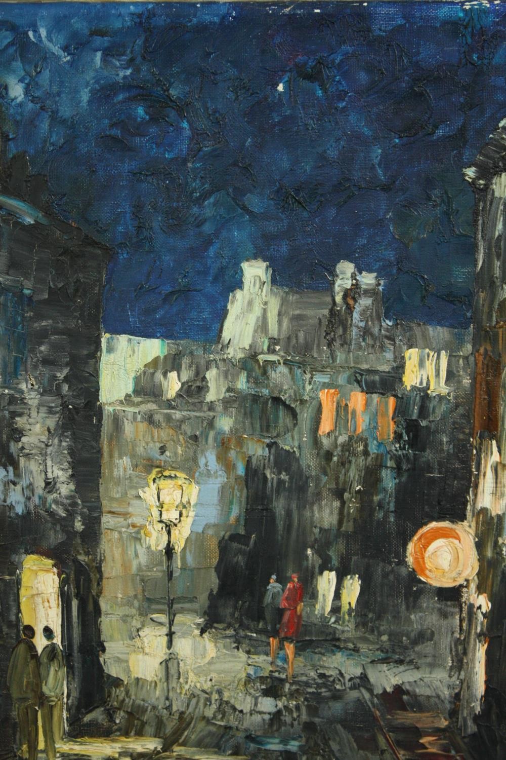 Oil on canvas, cityscape at night, indistinctly signed. H.41 W.31cm.