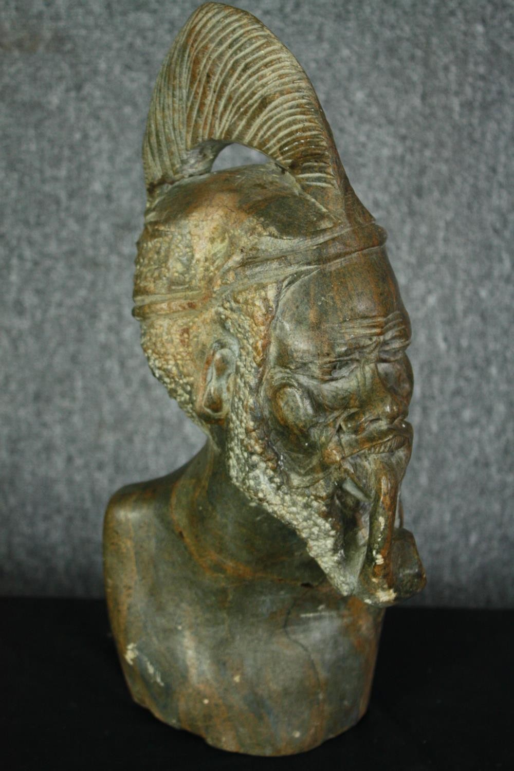 An African carved verdite marble bust. H.43cm. - Image 3 of 5