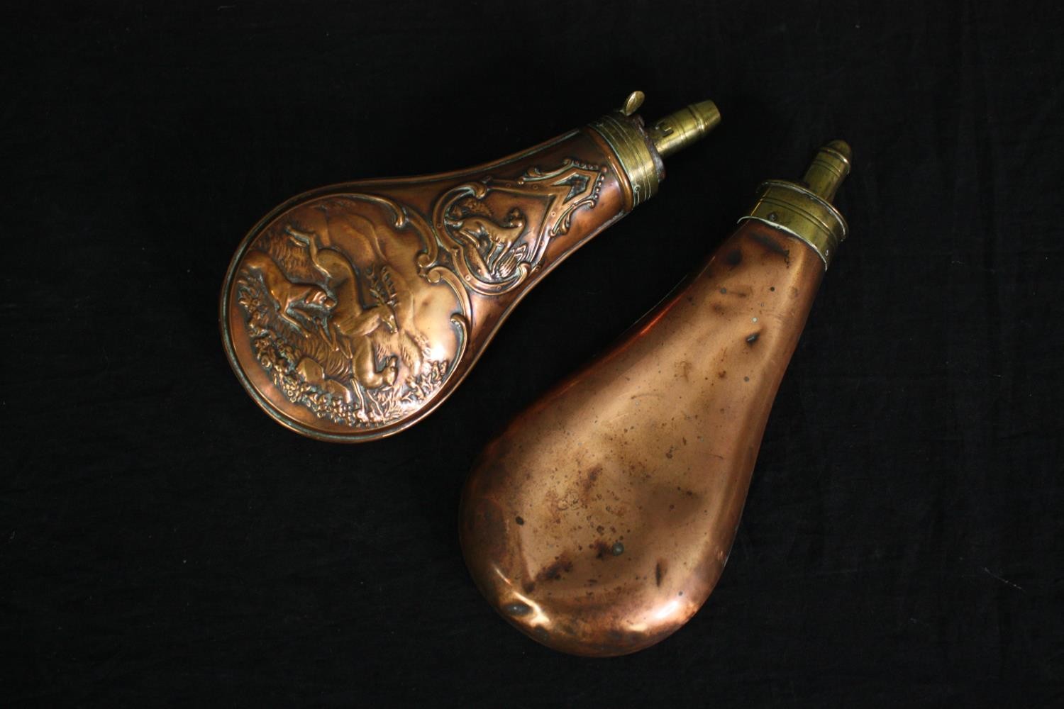 Two 19th century copper and brass shot flasks. L.20cm. (largest). - Image 2 of 9