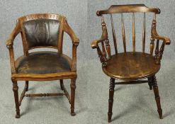 A carved oak armchair and a 19th century stick back armchair. H.83cm.
