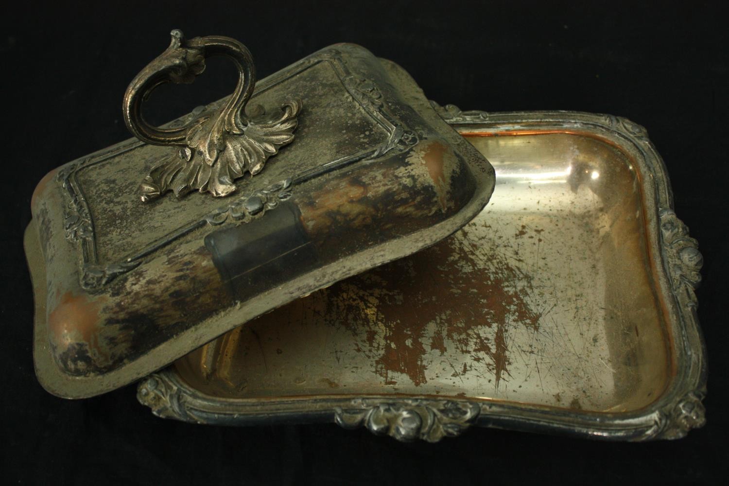 A collection of silver plate: a 19th century spirit kettle, a tray and two tureens. L.58 W.30cm. ( - Image 3 of 11