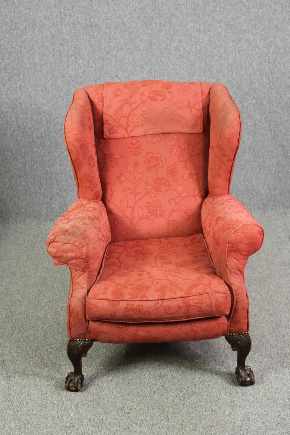 A pair of possibly 19th century carved mahogany Georgian style wingback armchairs. H.97cm. (each). - Image 2 of 8