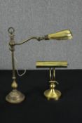 A vintage adjustable brass desk lamp along with another desk lamp. H.60cm. (largest).