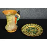 A vintage Burleighware jug and a Majolica plate. H.20cm. (largest).