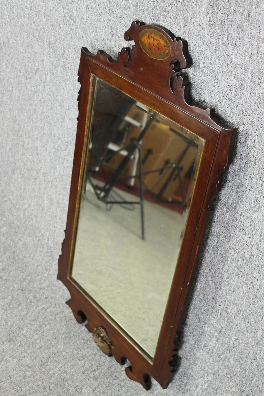 A Georgian mahogany inlaid wall mirror. (Some fret carving missing). H.82 W.46cm. - Image 3 of 6