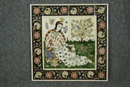 A ceramic tile work on board, classical style figure in a garden. H.46 W.46cm.