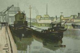 Roger Forissier, (B.1924), a framed and glazed limited edition lithograph, barges in a dock,