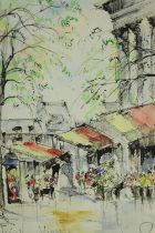 Watercolour with ink, mid century Parisian street scene, indistinctly signed and inscribed, framed