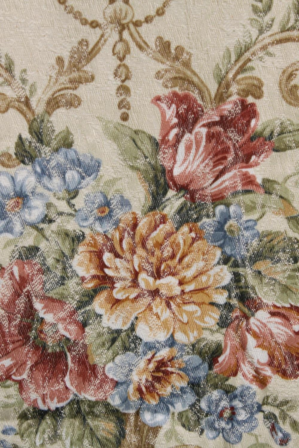 A pair of fully lined silk mix curtains with floral design along with tie backs. L.224 W.257cm. ( - Image 3 of 5