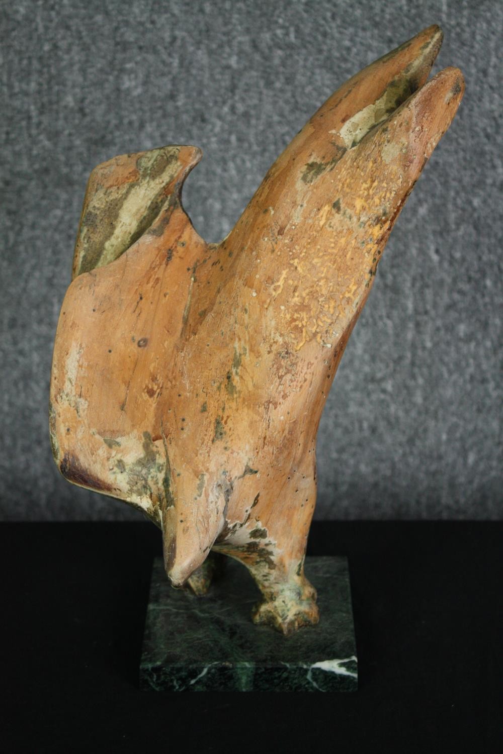 A carved wooden figure of a diving hawk on a marble base. H.35cm. - Image 2 of 6
