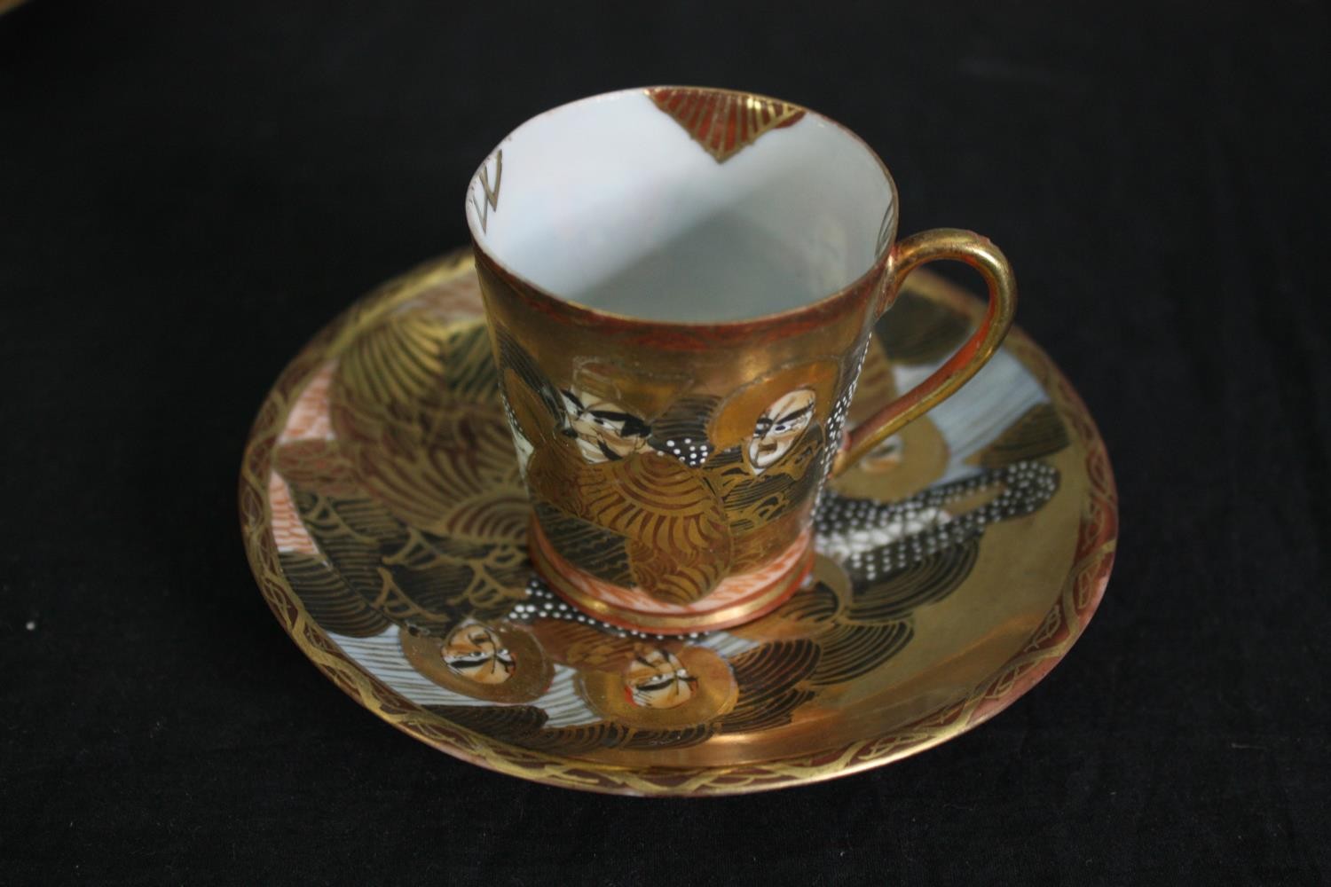 A 19th century Japanese Meiji satsuma coffee set, hand decorated with gilt highlights, character - Image 5 of 7