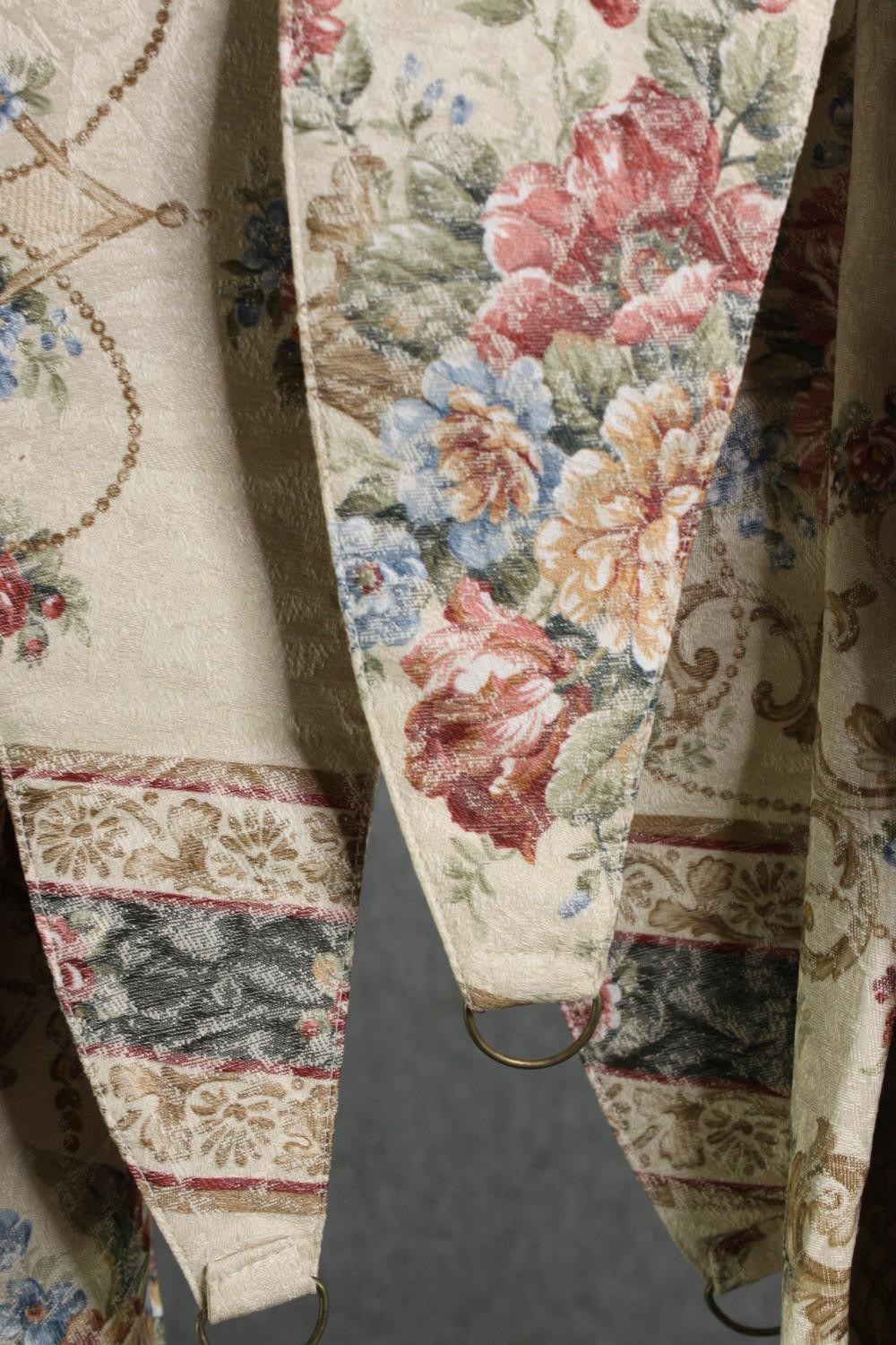 A pair of fully lined silk mix curtains with floral design along with tie backs. L.224 W.257cm. ( - Image 4 of 5