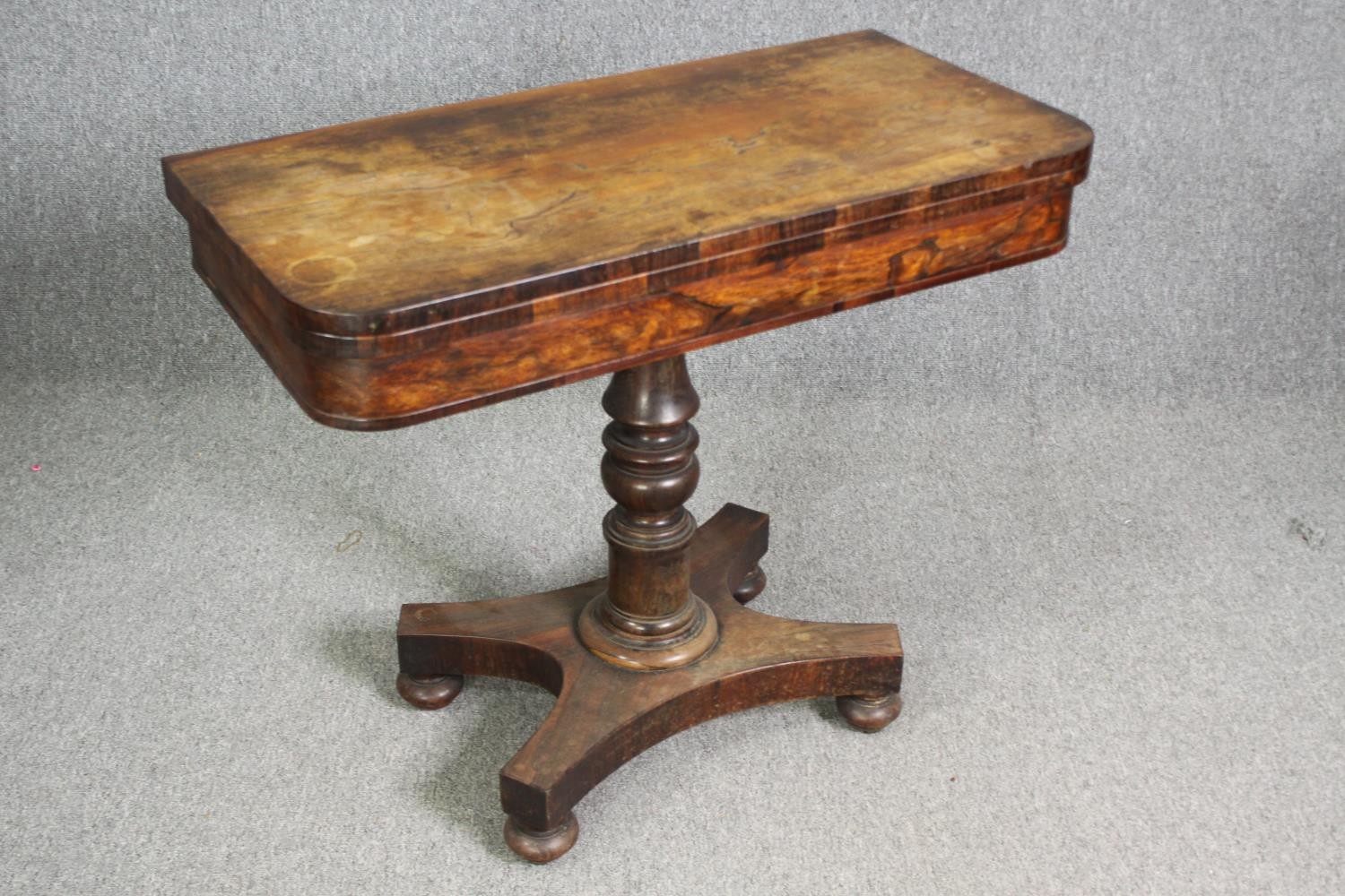 Card table, early 19th century rosewood with foldover swivel action. H.74 W.92 D.92cm (ext). - Image 4 of 7