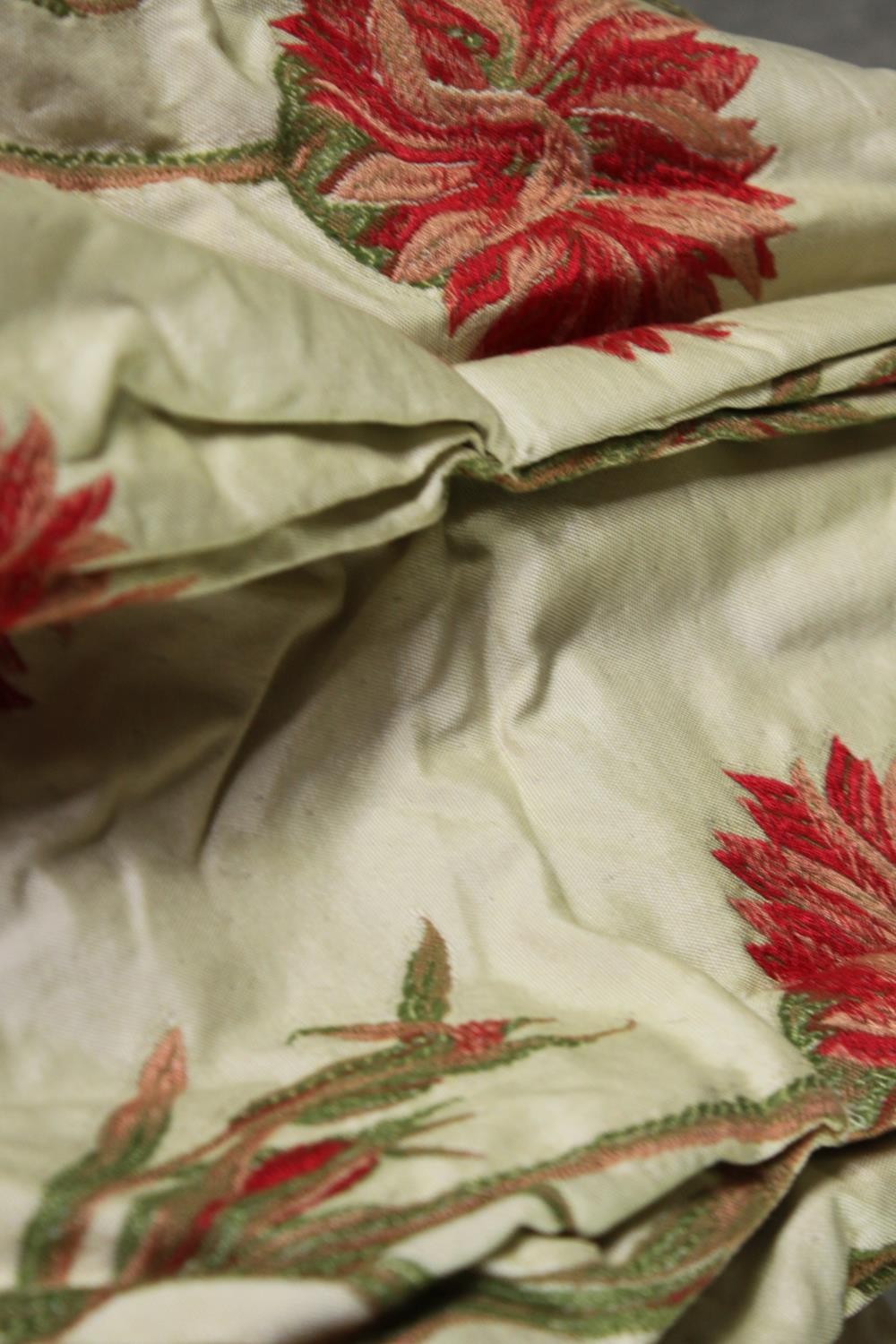 A pair of cream silk mix fully lined curtains with embroidered red carnation design. L.220 W. - Image 4 of 6