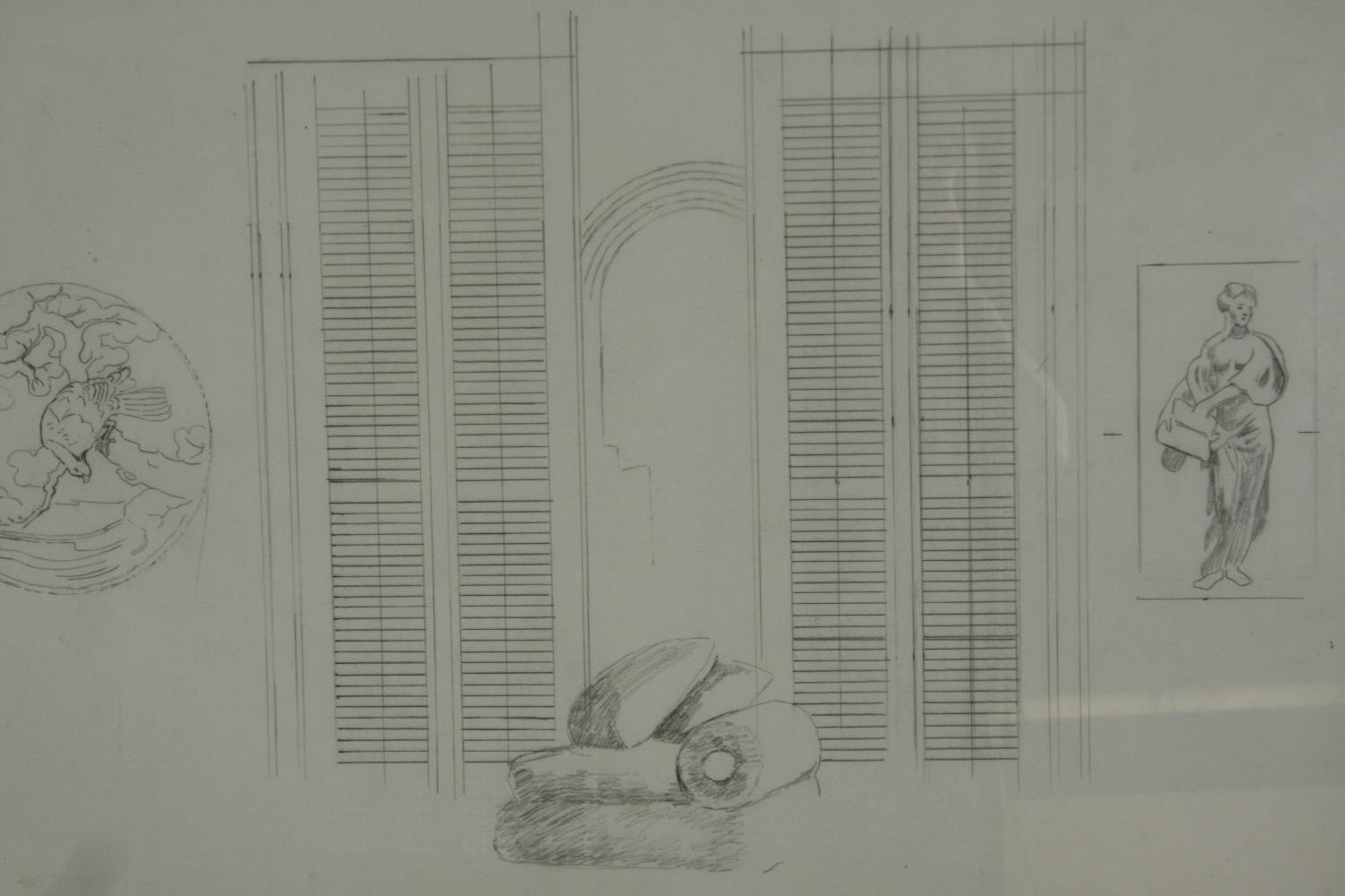 A large framed and glazed pencil drawing of a room interior, unsigned but from the studio of