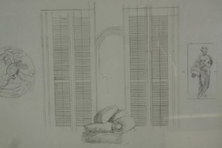 A large framed and glazed pencil drawing of a room interior, unsigned but from the studio of