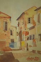 A mid century framed and glazed watercolour, Mediterranean street, signed and dated Walter