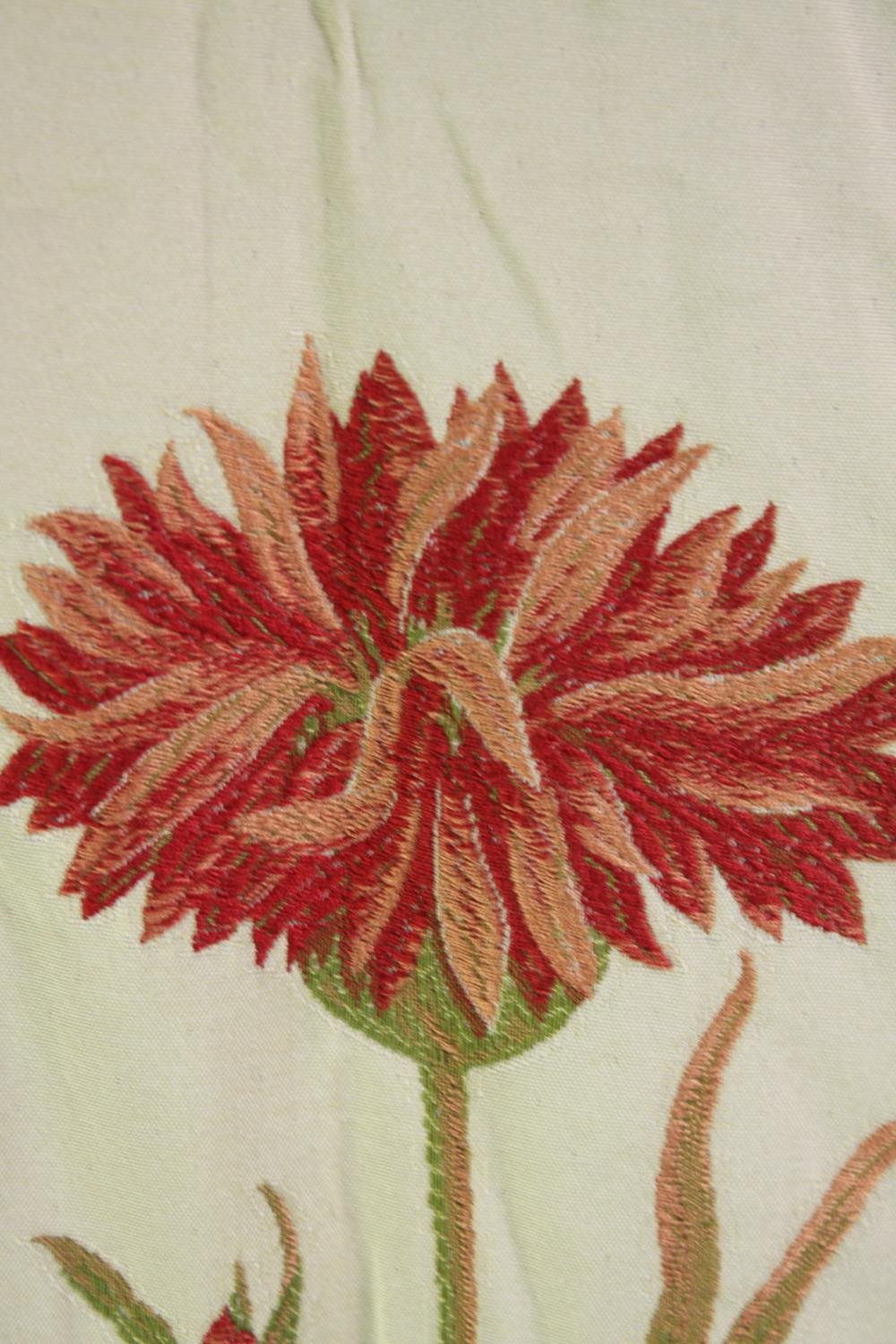 A pair of cream silk mix fully lined curtains with embroidered red carnation design. L.220 W. - Image 3 of 6