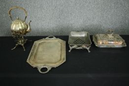 A collection of silver plate: a 19th century spirit kettle, a tray and two tureens. L.58 W.30cm. (
