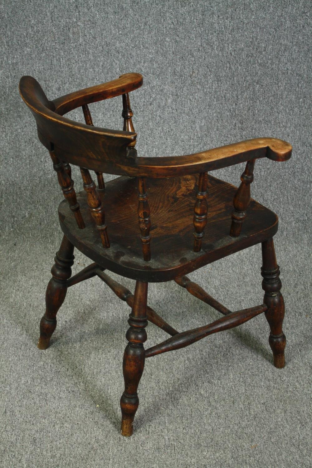 A 19th century elm smoker's bow back desk chair. - Image 3 of 5
