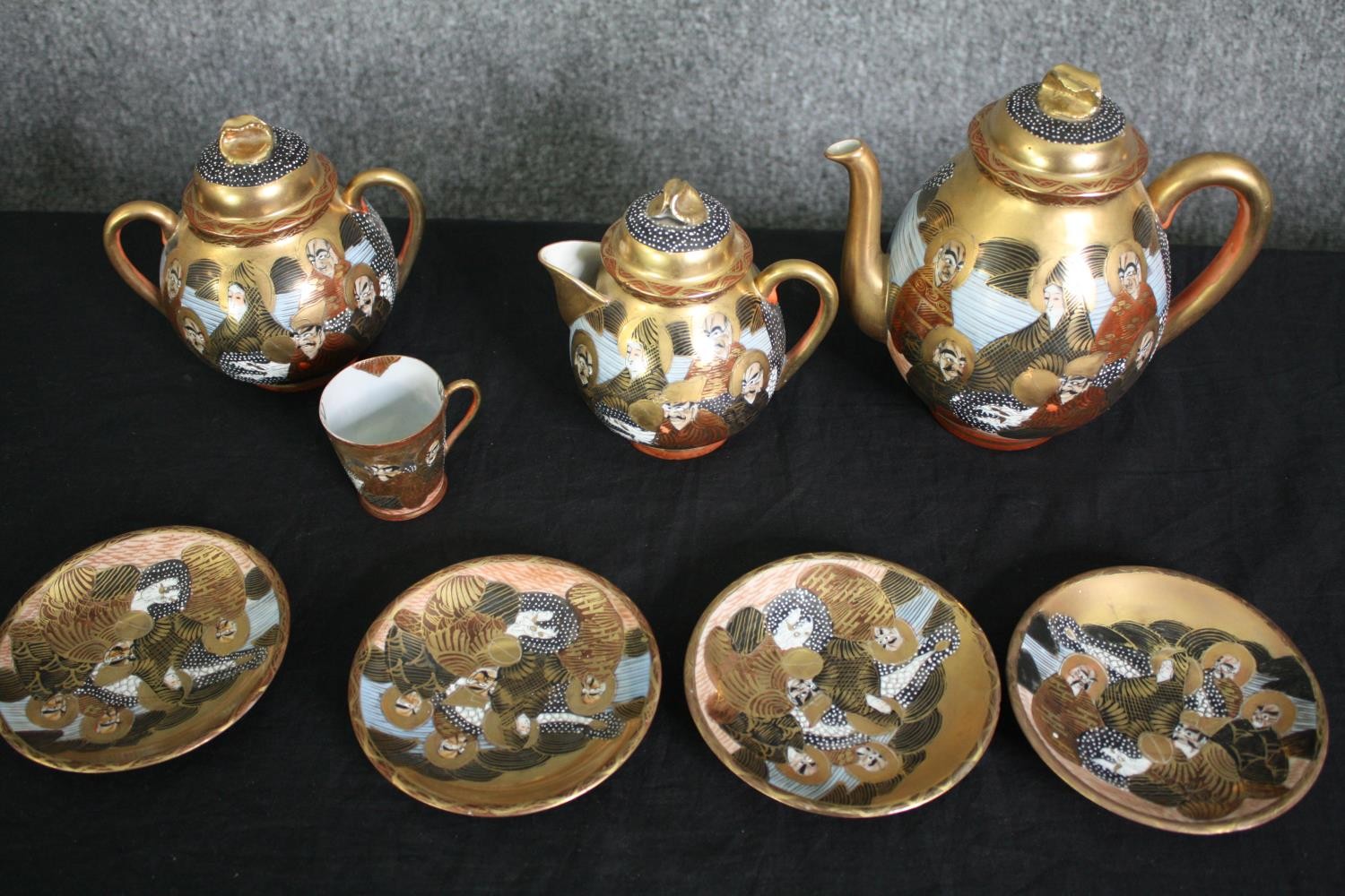 A 19th century Japanese Meiji satsuma coffee set, hand decorated with gilt highlights, character - Image 6 of 7