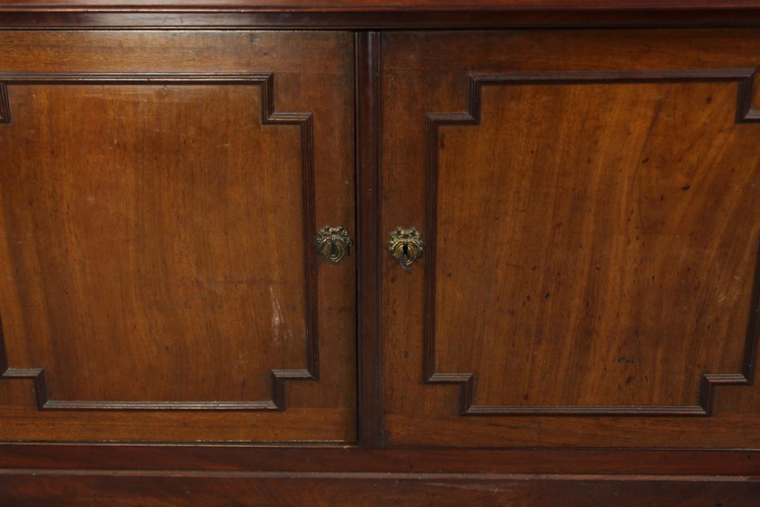 Sideboard, 19th century mahogany with central panelled doors flanked by fruit carved pilasters on - Image 6 of 9