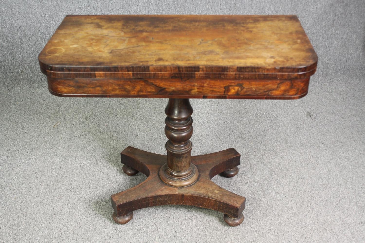 Card table, early 19th century rosewood with foldover swivel action. H.74 W.92 D.92cm (ext). - Image 2 of 7