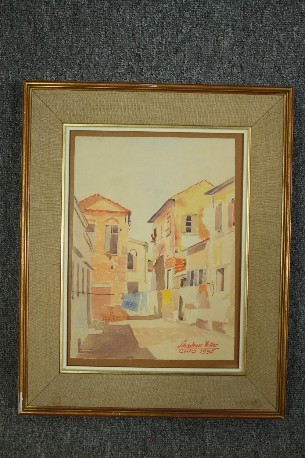 A mid century framed and glazed watercolour, Mediterranean street, signed and dated Walter - Image 2 of 4