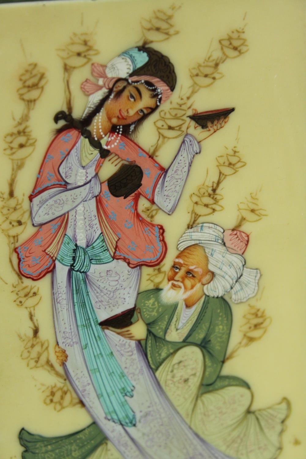 An Indian painting, two figures, and an embossed brass plaque, both in well inlaid bone and hardwood - Image 3 of 5