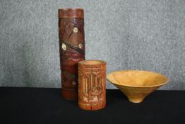 Two carved brush pots and a carved bowl. H.36cm. (largest).