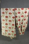 A pair of cream silk mix fully lined curtains with embroidered red carnation design. L.220 W.
