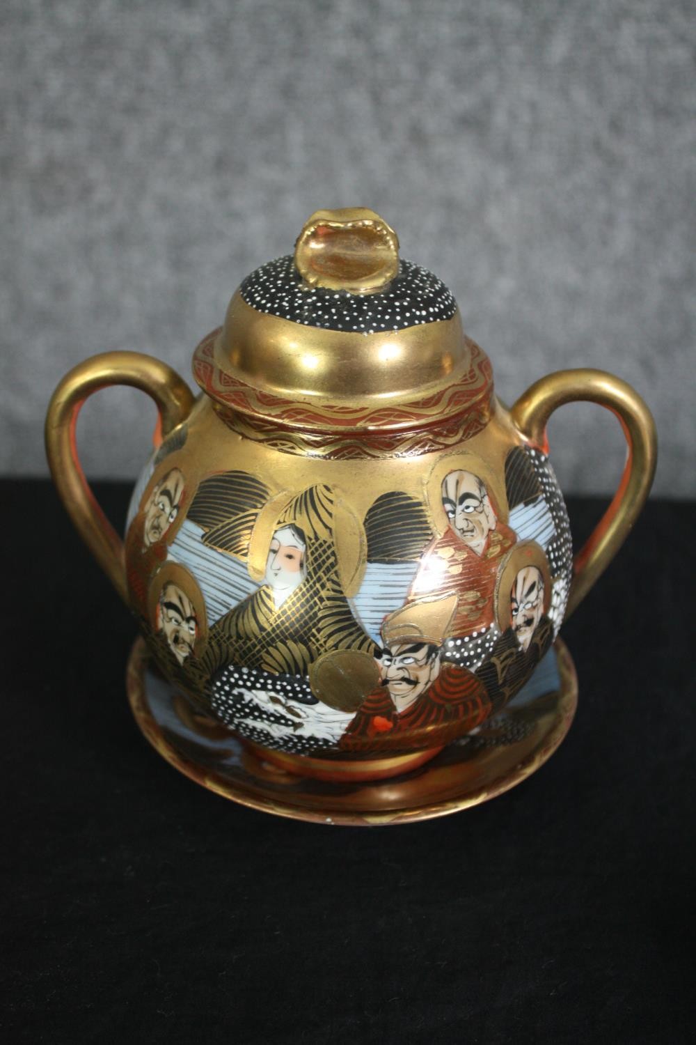 A 19th century Japanese Meiji satsuma coffee set, hand decorated with gilt highlights, character - Image 4 of 7