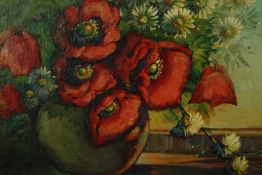 Oil on board, early 20th century still life flowers, signed R A Brugger. H.57 W.64cm.