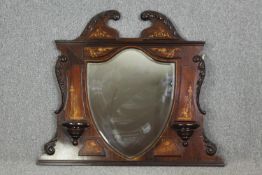 Overmantel mirror, 19th century rosewood and satinwood inlaid with bevelled plate. H.111 W.107cm.