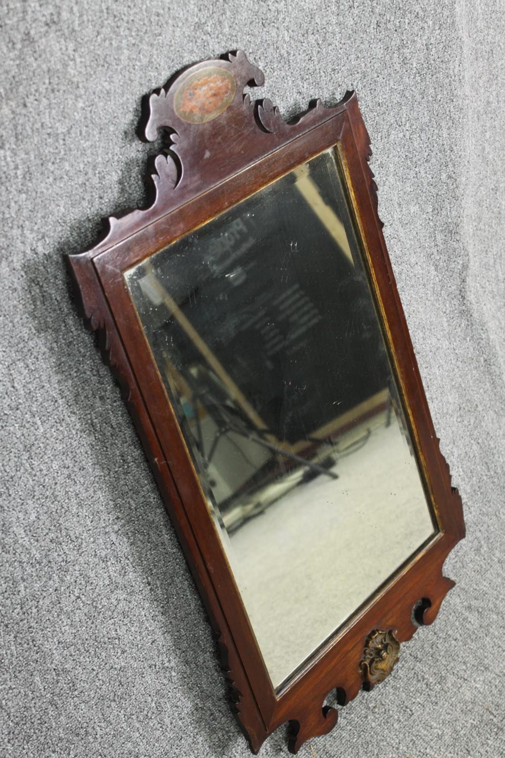 A Georgian mahogany inlaid wall mirror. (Some fret carving missing). H.82 W.46cm. - Image 2 of 6
