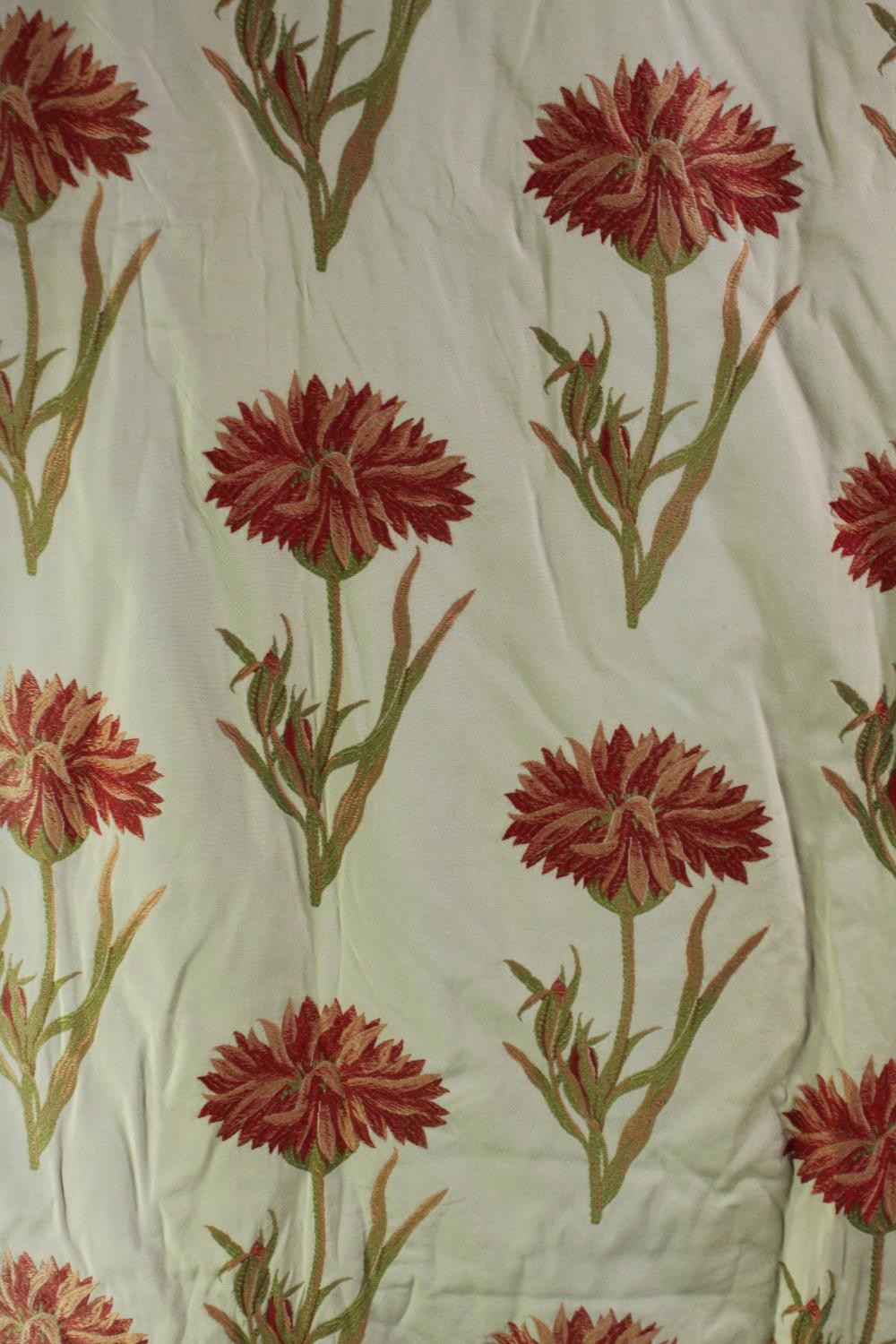 A pair of cream silk mix fully lined curtains with embroidered red carnation design. L.220 W. - Image 2 of 6